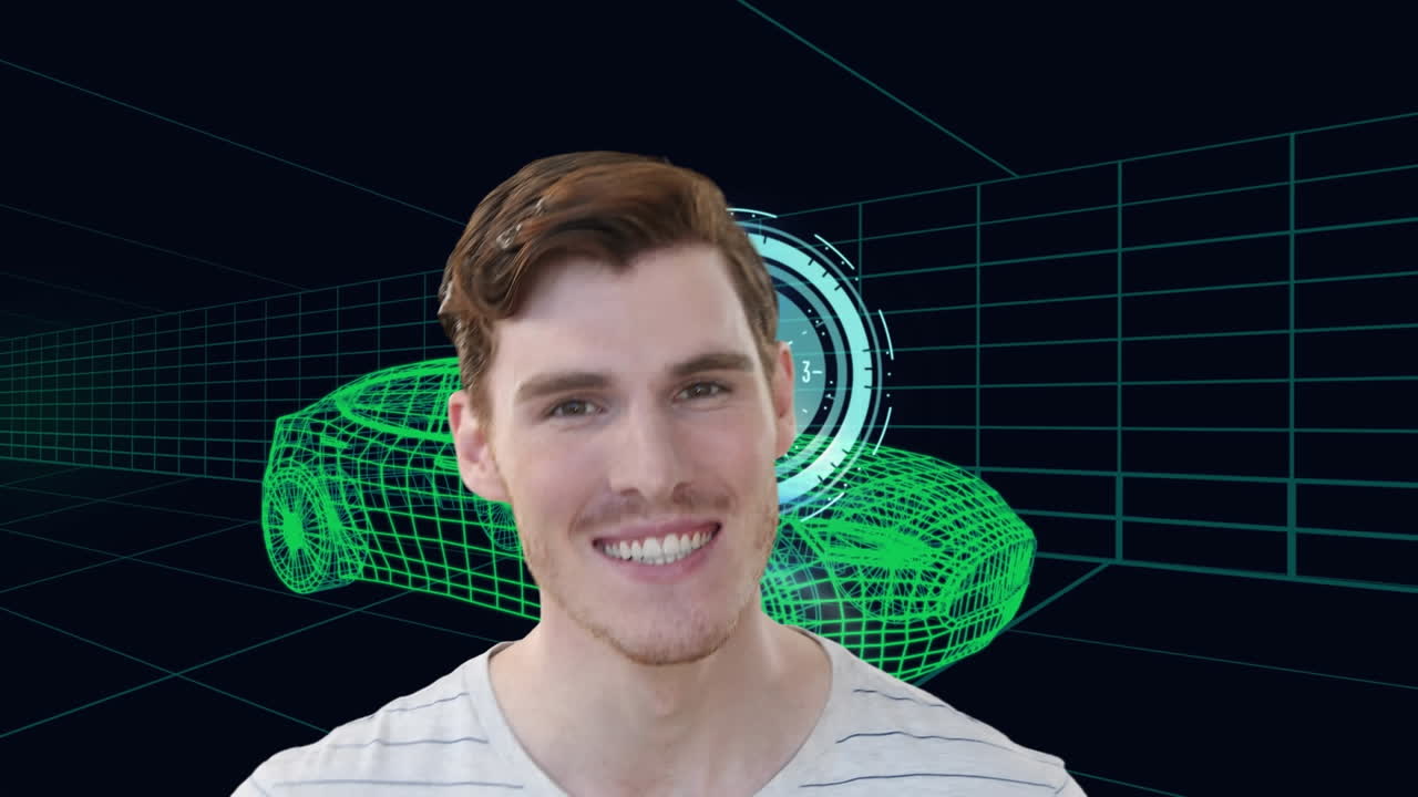 웃는 백인 남자와 시계의 애니메이션 자동차와 그리드의 3d 드로잉 모델