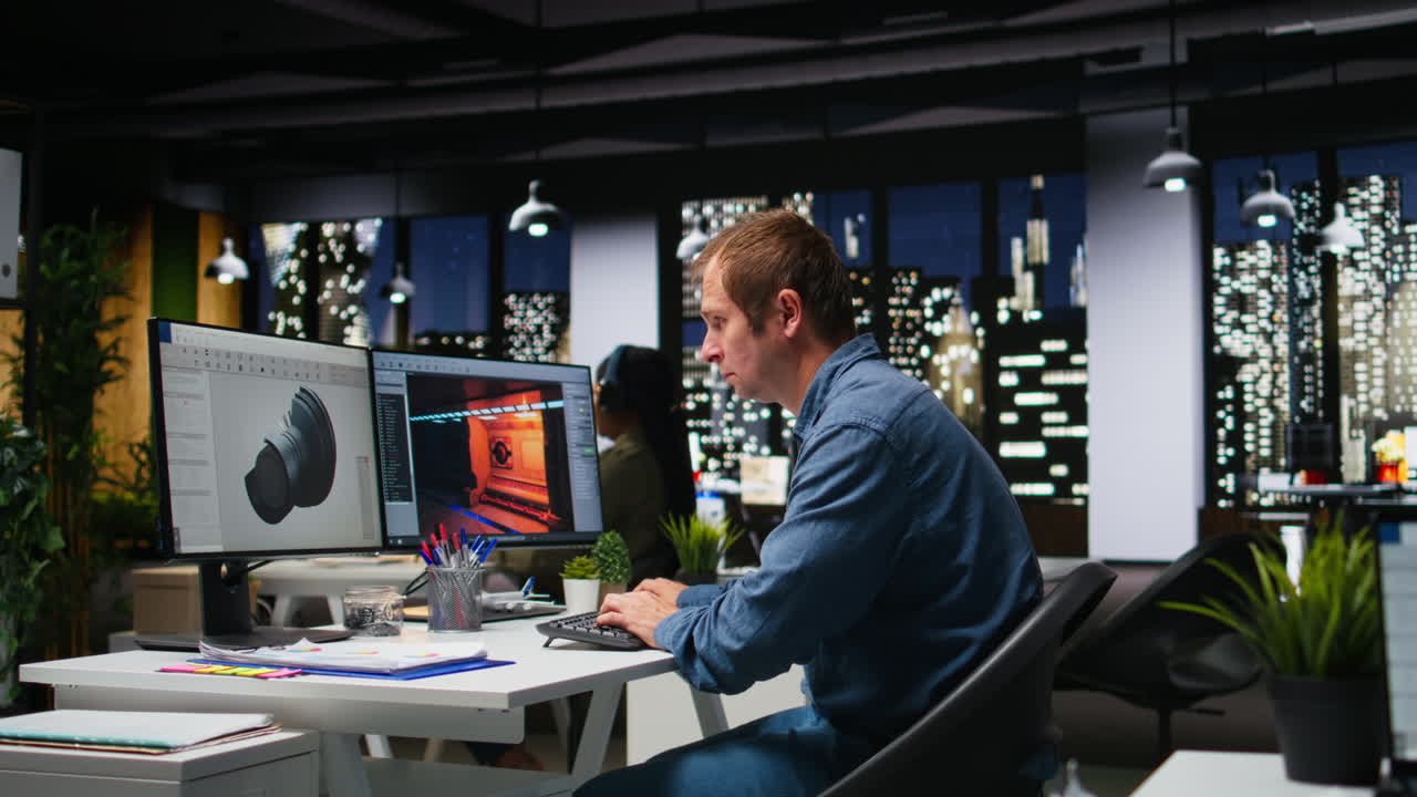 Male IT engineer uses AI techniques to create video game and a turbine