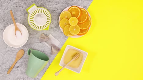 utensil and supplies for making tea move one by one on yellow theme. stop motion