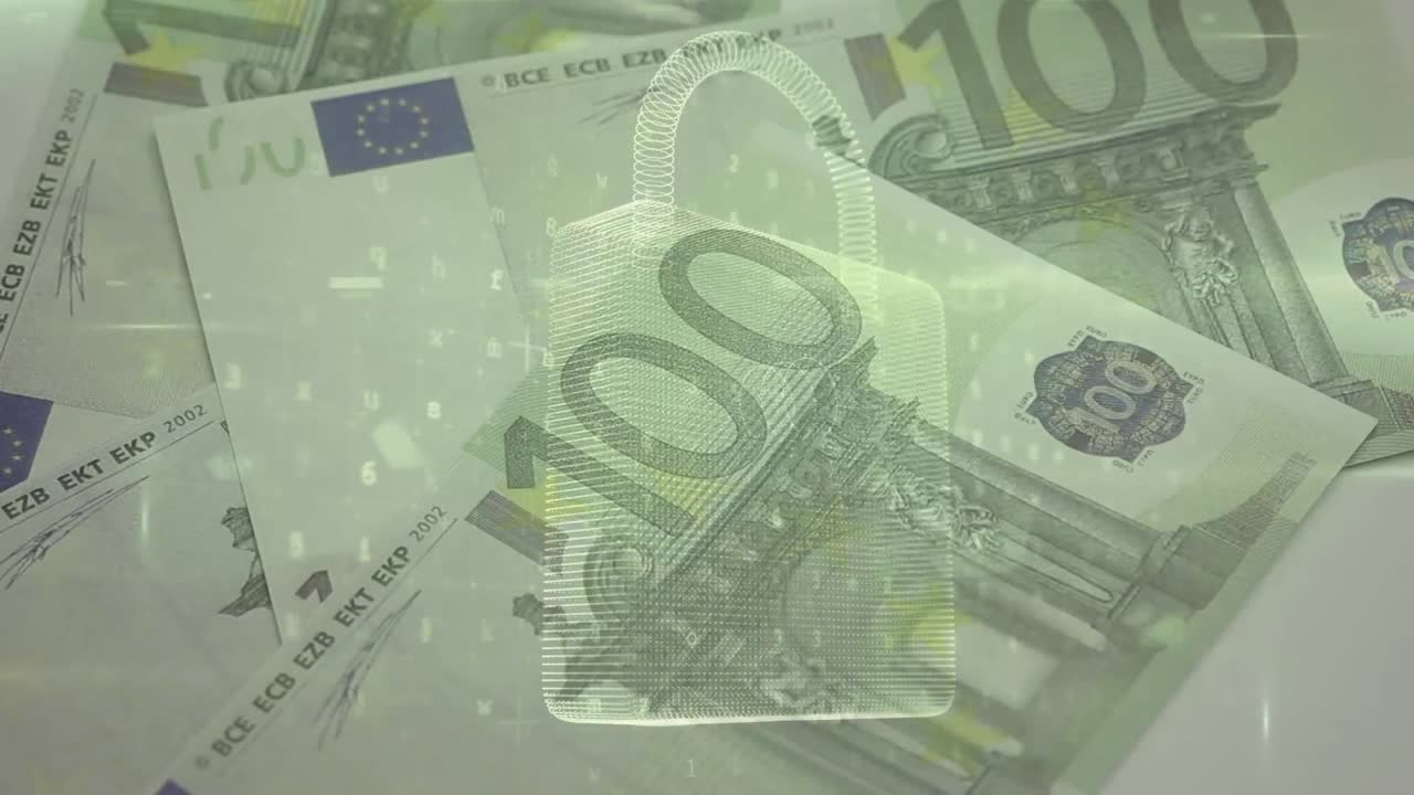 Animation af netværk af forbindelser og sikkerhedshængelås over faldende euro-pengesedler
