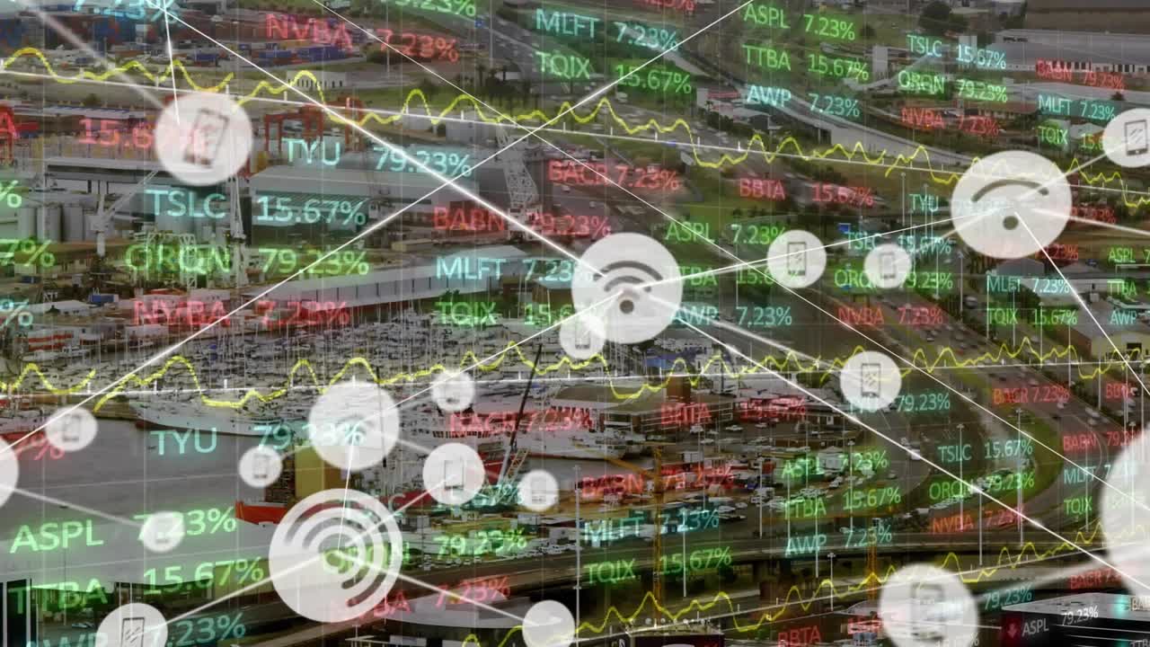 Animation eines sich bewegenden Netzwerks von Verbindungen mit Symbolen über einem Hafen in einem Lagerhaus