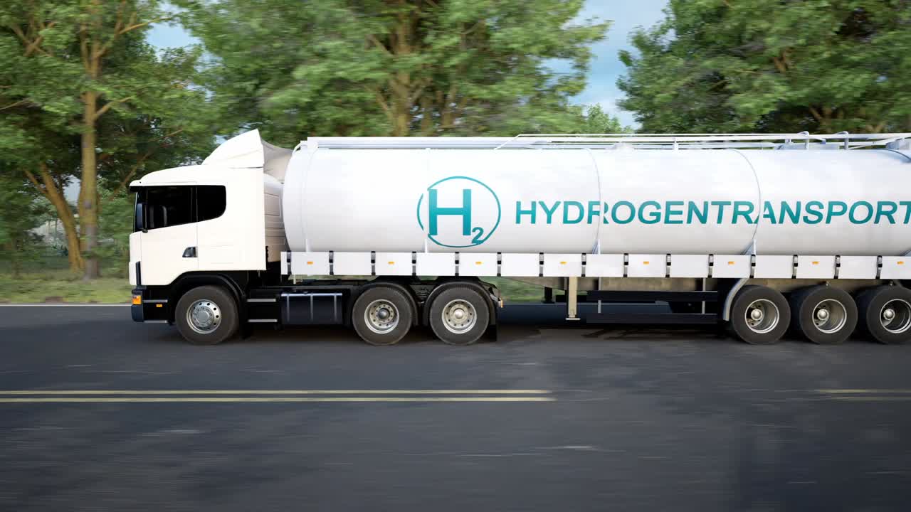 Hydrogen Logistics Concept. Truck With Gas Tank Trailer On The Road Lined