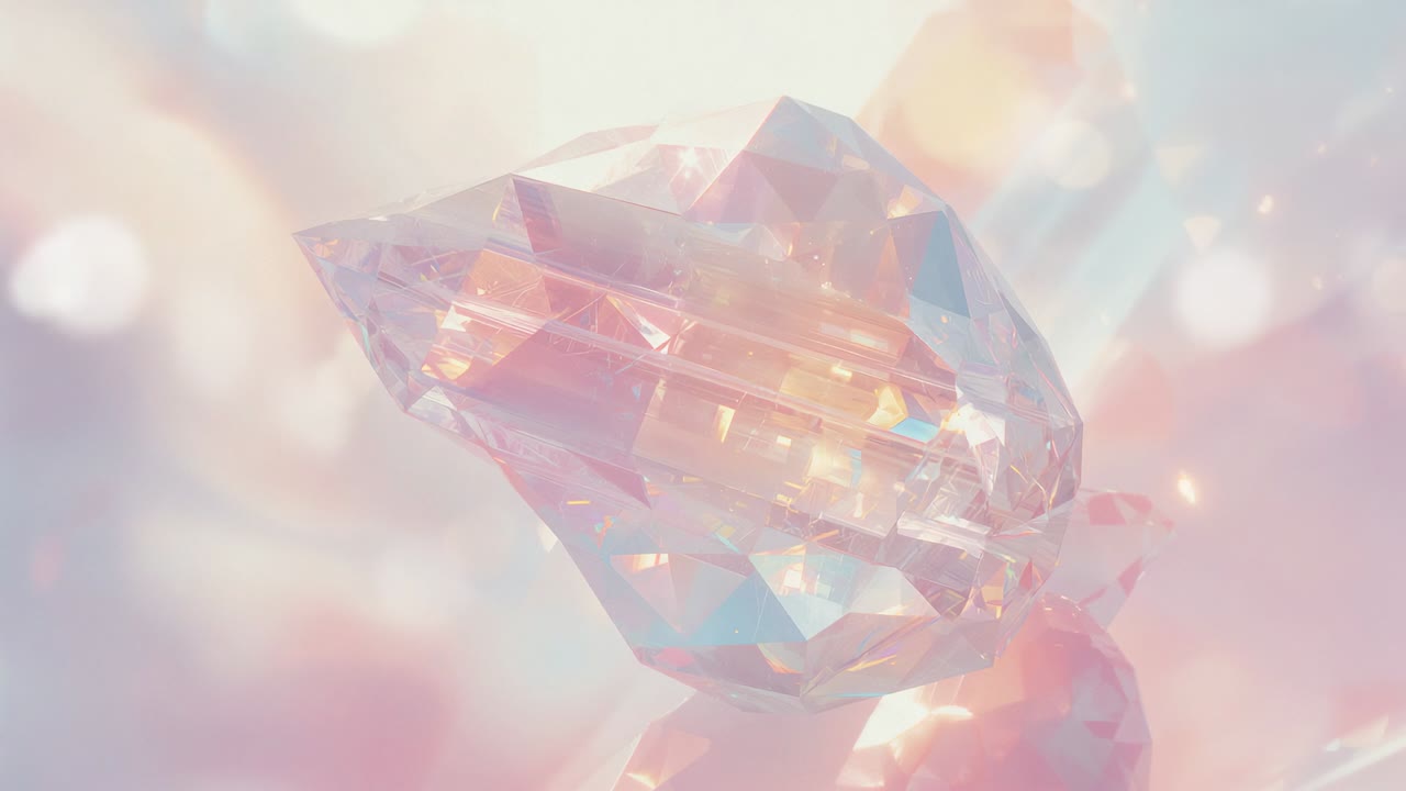 Appearing multifaceted crystal rotating in pastel haze, refracting pink-blue light with bokeh spots