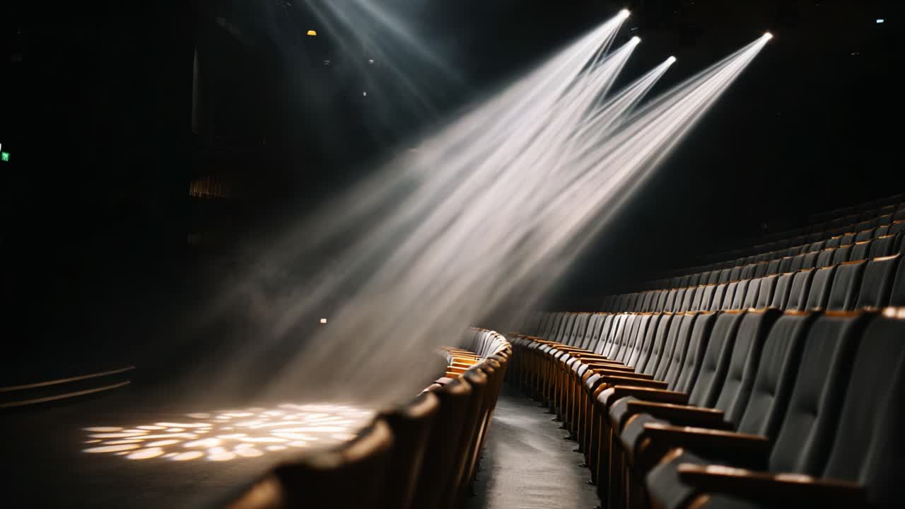Splendidi fasci di luce illuminano un teatro vuoto con un design moderno ed elegante, creando un'atmosfera suggestiva ed evocando l'attesa per lo spettacolo imminente