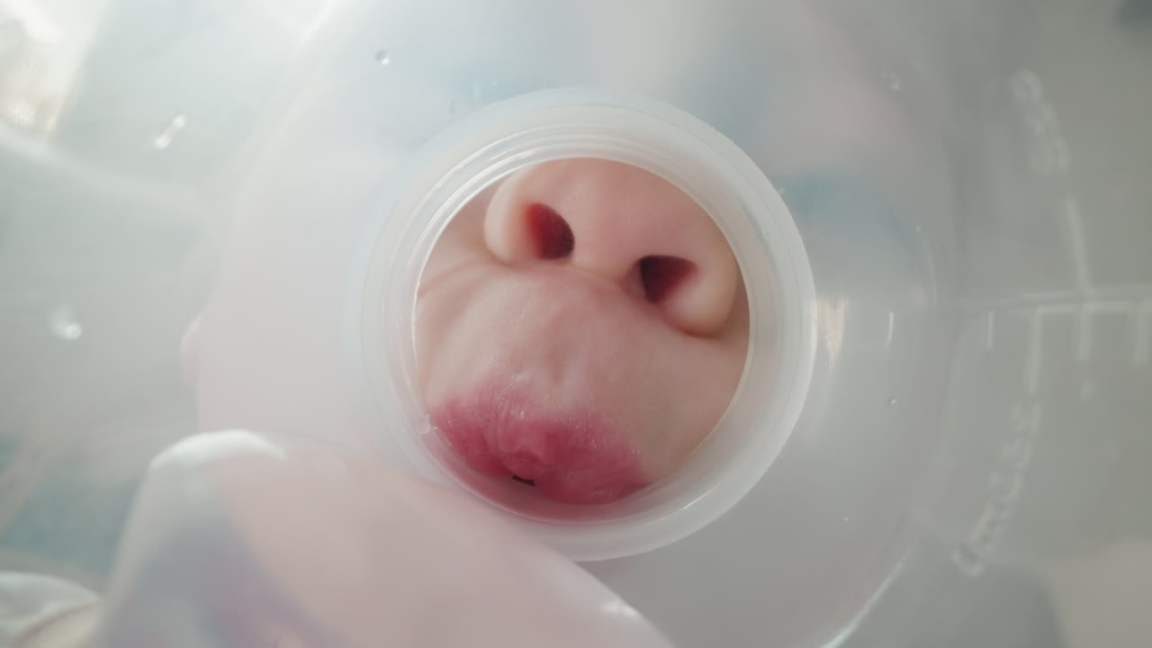 귀여운 소녀는 플라스틱 병에서 물을 마시며 몇 잔을 먹습니다.