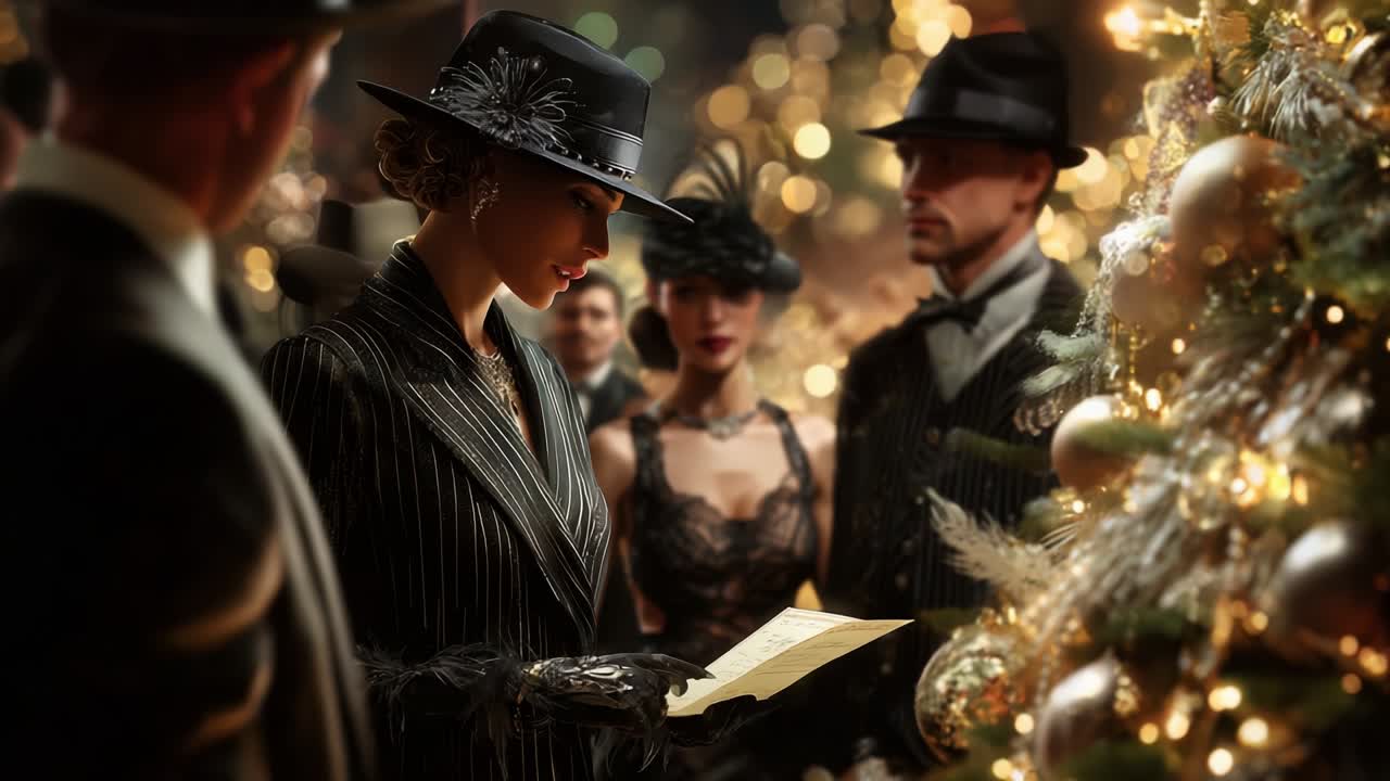 An Elegant Holiday Soiree: A Woman in a Black Hat Reads a Letter Amidst a Glamorous Gathering Surrounded by Sparkling Lights and Festive Decorations, Creating an Enchanting Atmosphere of Celebration and Mystery