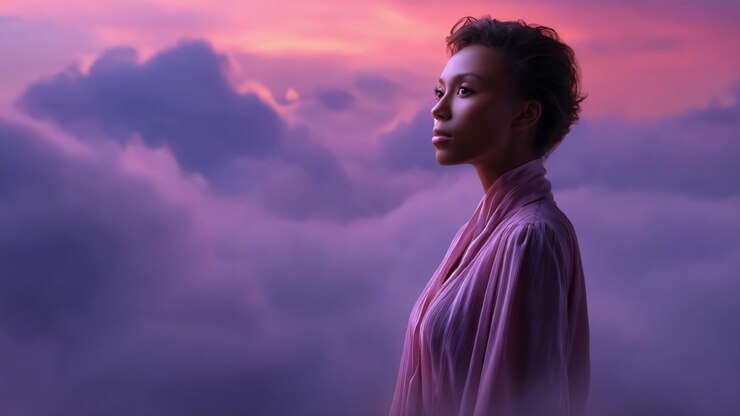 Una donna serena si erge con grazia tra le nuvole al tramonto, incarnando tranquillità e introspezione, circondata da un cielo da sogno pieno di tenui colori pastello.