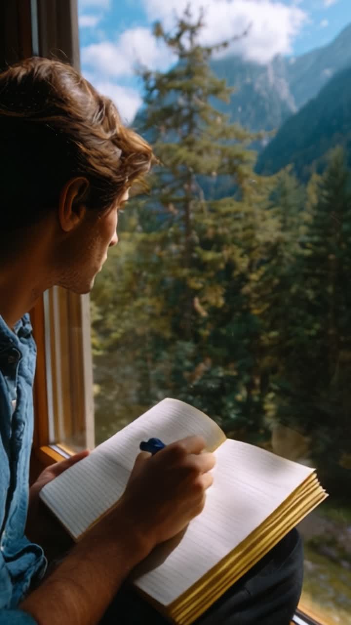 Un momento contemplativo nella natura: Una persona scrive su un quaderno mentre guarda fuori dalla finestra un paesaggio mozzafiato ricco di alberi e montagne.