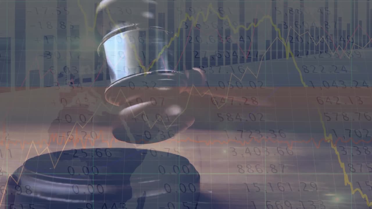 Animation of statistics and financial data processing over auctioneer's hammer