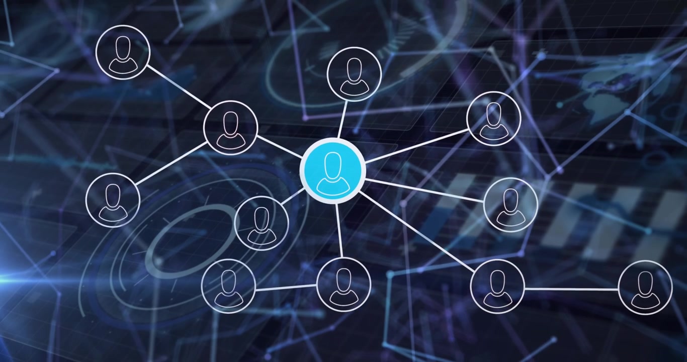 Animation of profile icons connecting dots, geometric shapes, hud processing on digital interface