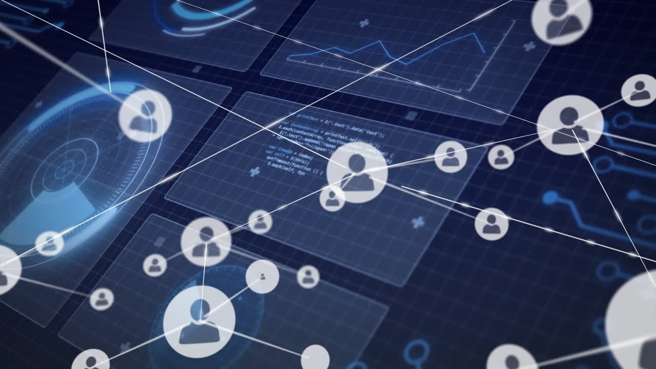 Network of connected user icons and data charts, digital communication animation