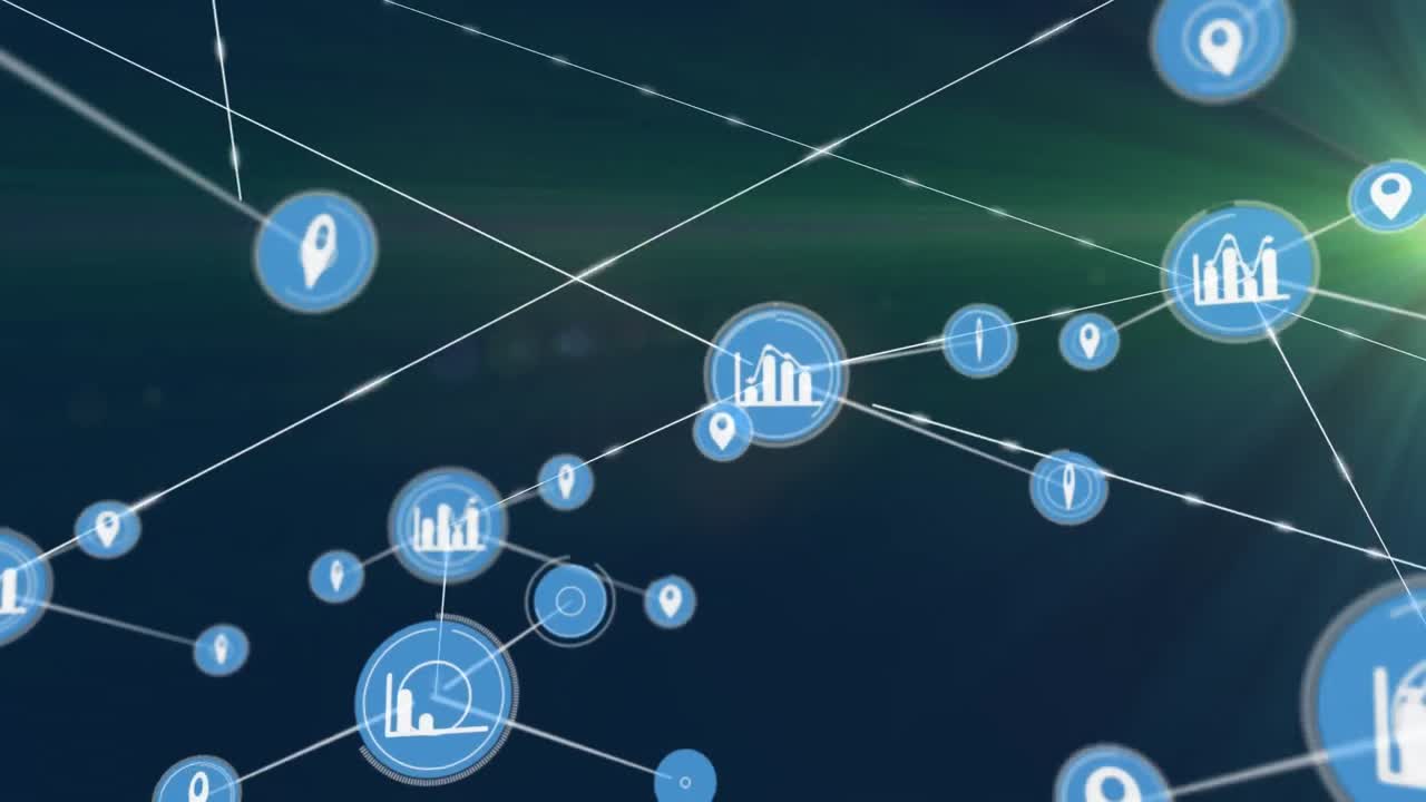 Animation of network of digital icons over green light spot against blue background