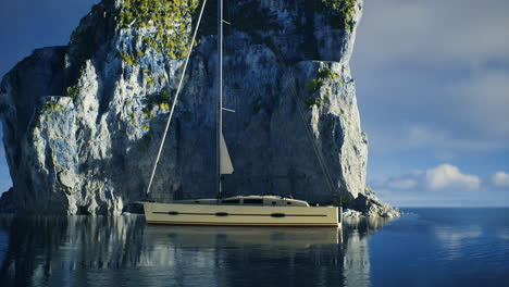 sailboat anchored near a rocky cliff in a calm ocean during bright daytime