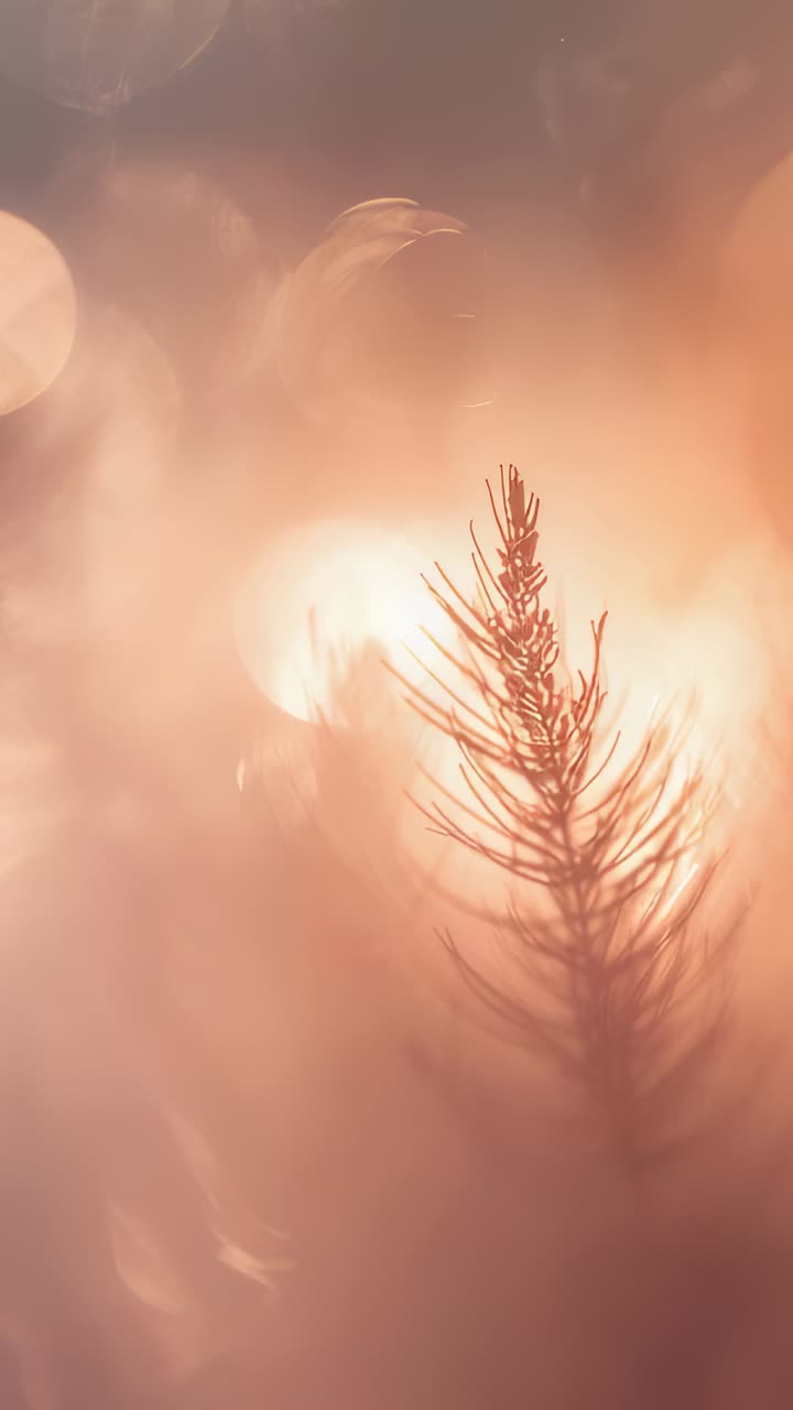 Video verticale: reazione a ramoscello sottile retroilluminato dal tramonto che si assesta e mette a fuoco con foschia bokeh