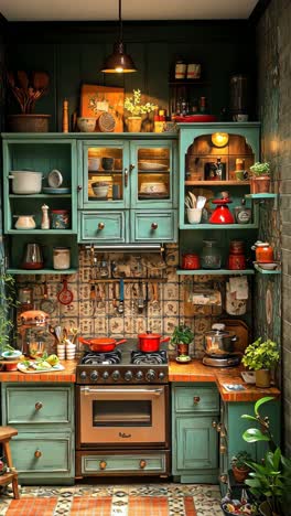 charming vintage kitchen with teal cabinets and rustic decor