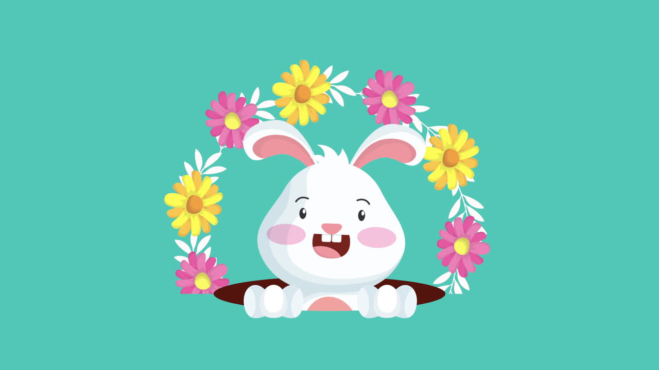 사랑스러운 토끼와 꽃이 있는 행복한 부활절 애니메이션 카드