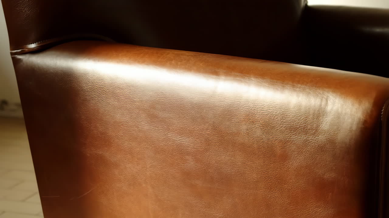 Close-up of a brown leather armchair
