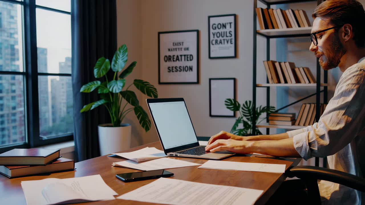Man working on laptop in home office