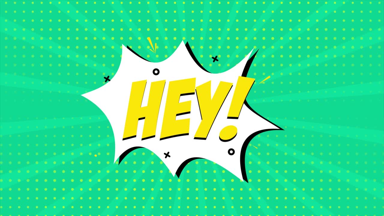 A comic strip cartoon animation, with the word Hey appearing. Green and halftone background, star shape effect