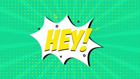 una animación de dibujos animados de tira cómica, con la palabra hey apareciendo. fondo verde y de medio tono, efecto de forma de estrella