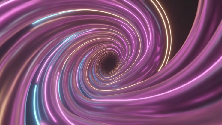 Avvicinando la telecamera, nastri rosa che ruotano in senso orario verso un vuoto scuro in un tunnel 3D, con strisce ciano-oro che si allungano.