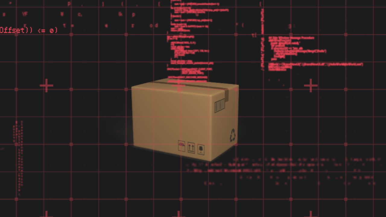 검은 바탕에 떨어지는 배달 상자 위의 그리드 네트워크에 대한 데이터 처리