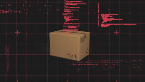 Data processing on grid network over delivery box falling against black background