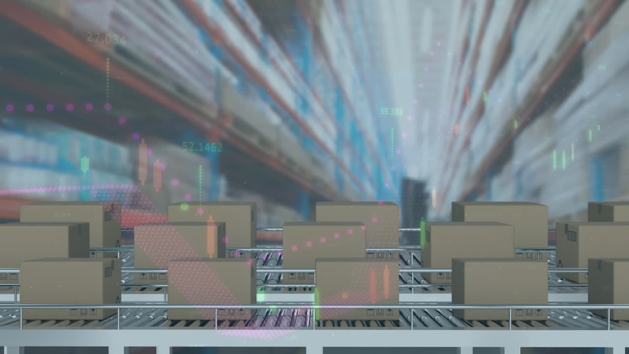 анимация обработки данных над коробками на конвейерных лентах на складе