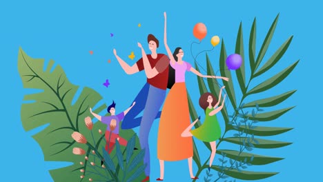 animation of illustration of happy family dancing with balloons, with leaves on blue background