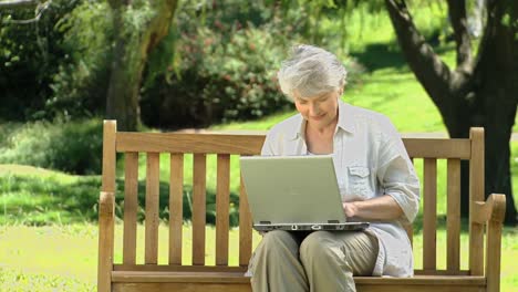 Alte-Frau-Schaut-Auf-Einen-Laptop,-Der-Auf-Einer-Bank-Sitzt