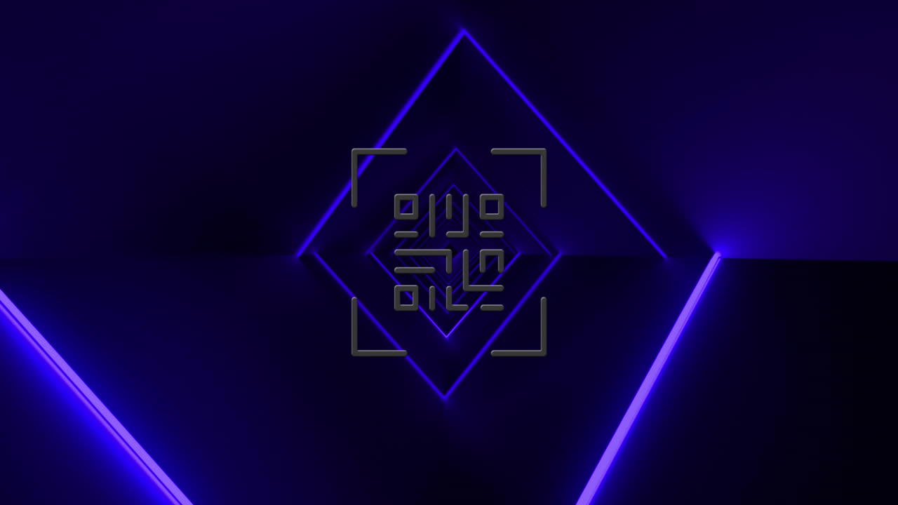 Animation af glødende QR-kode over en blå neonbaggrund.