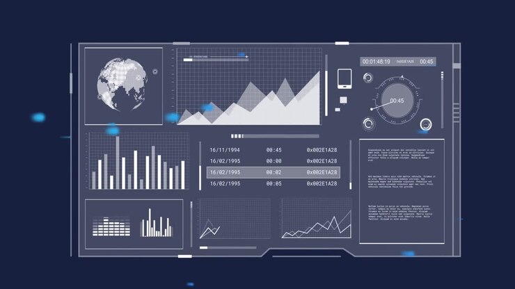 Animation of financial data processing over blue background