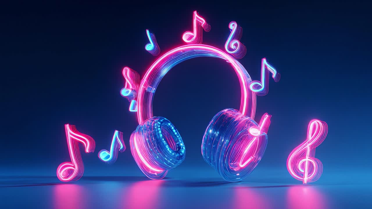 Vibrant Neon Headphones with Dynamic Music Notes, Perfect for Representing Audio Beats, Melody, and the Modern Experience of Sound in a Digital World