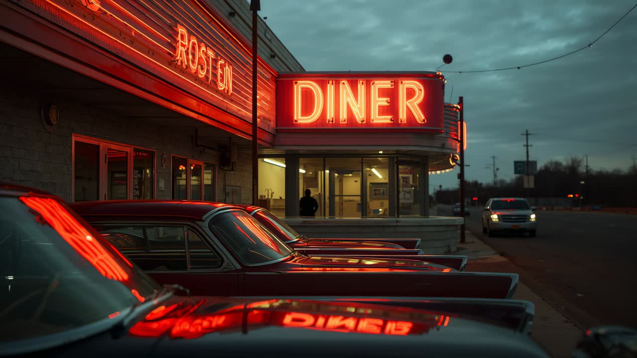 Dusk-lit neon diner sign pulsing, man entering glass doors, sedan pulling up, SUV passing road
