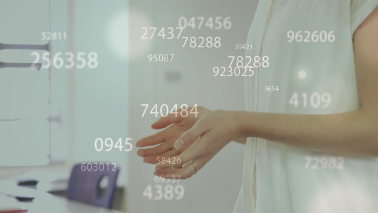 Woman extending arms indoors, with floating numeric codes illustrating technology data flow