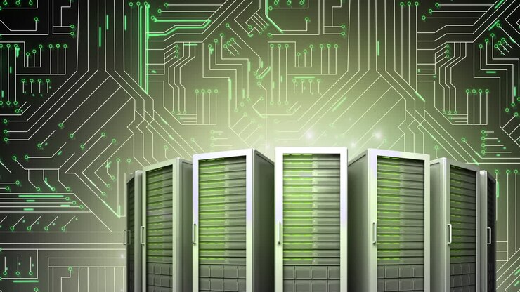 Server towers and green glowing circuit board