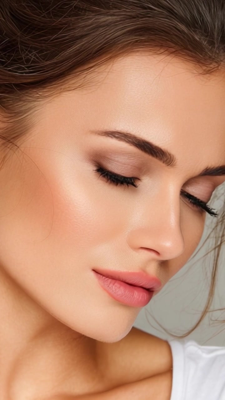 Captivating Close-Up: A Stunning Portrait of Natural Beauty Showcasing Flawless Skin, Subtle Makeup, and Graceful Features in Perfect Harmony