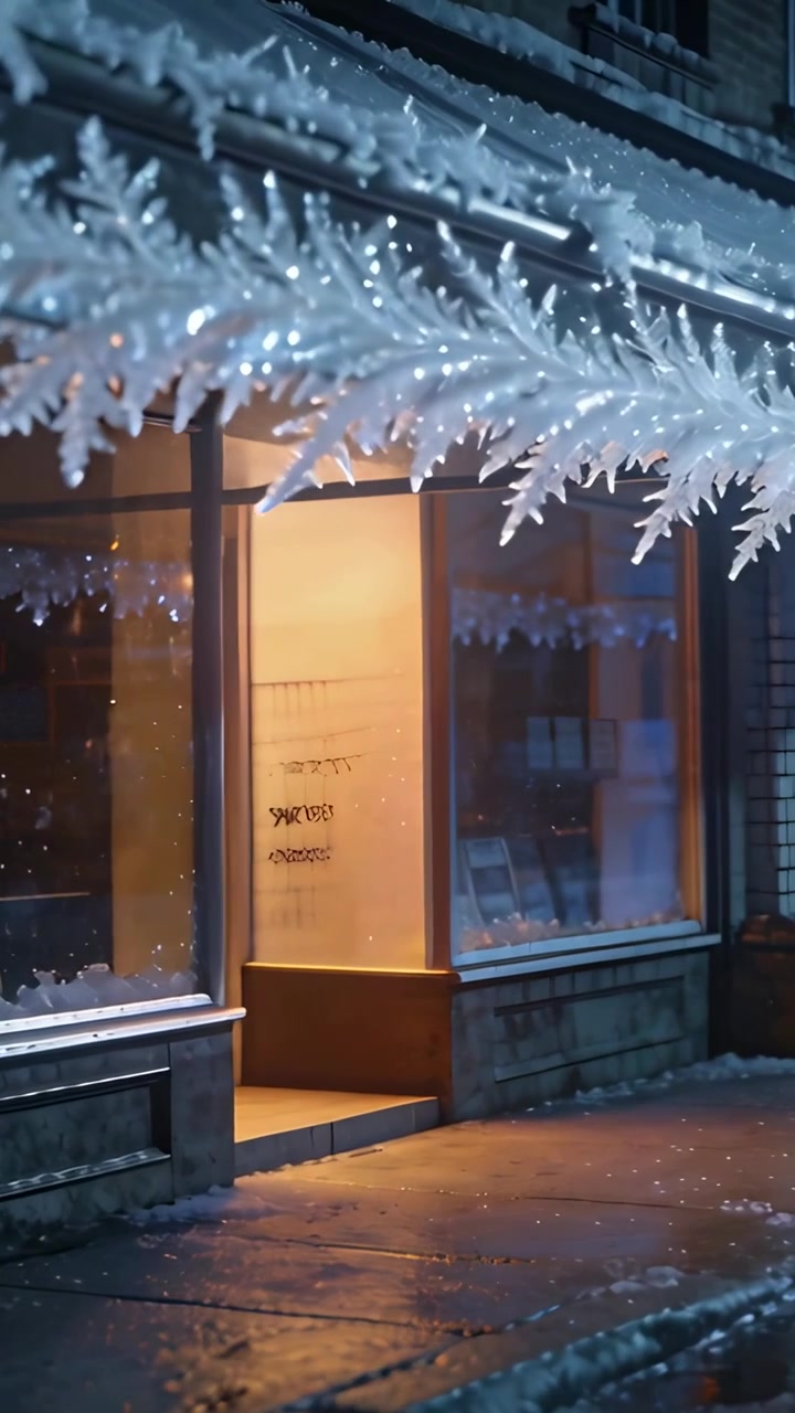 Vertical video: Camera pulling back revealing frosted awning above lit entrance, warm glow inviting