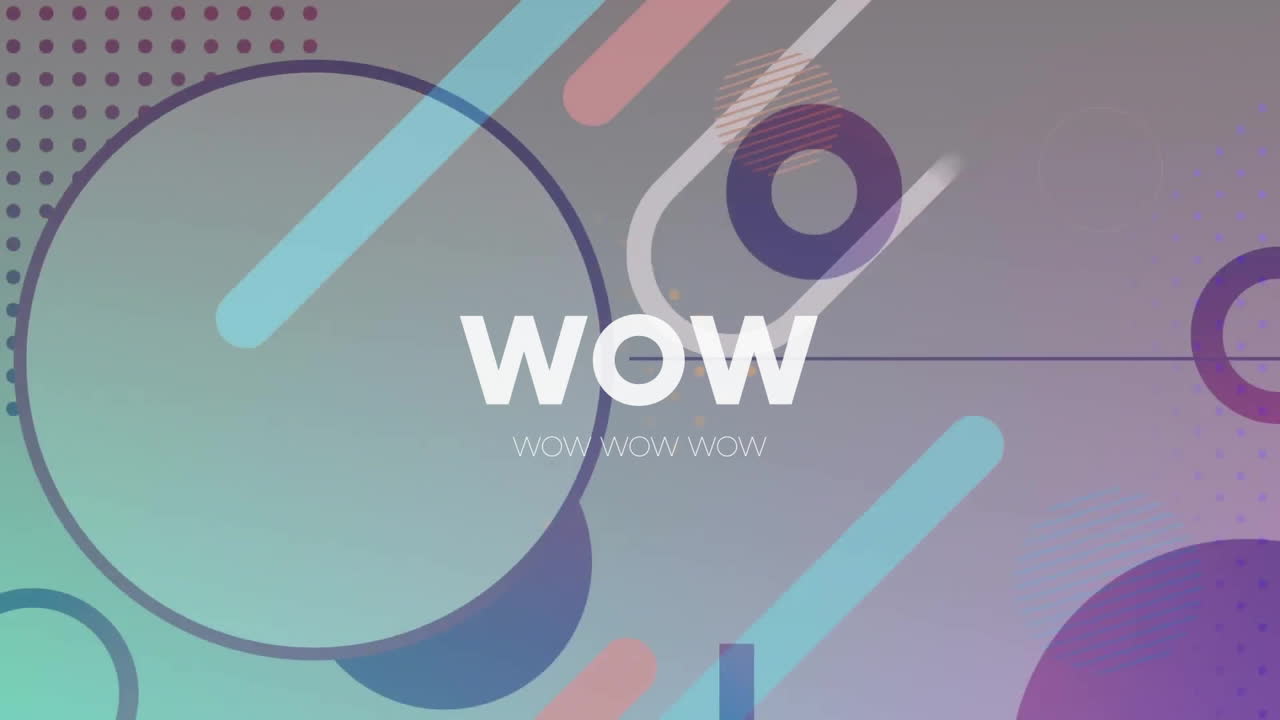 Animazione del testo 'wow' su forme colorate in movimento