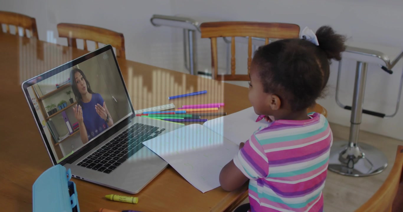 Girl seated watching laptop as teacher gesturing, animated bars overlaying paper guiding lesson