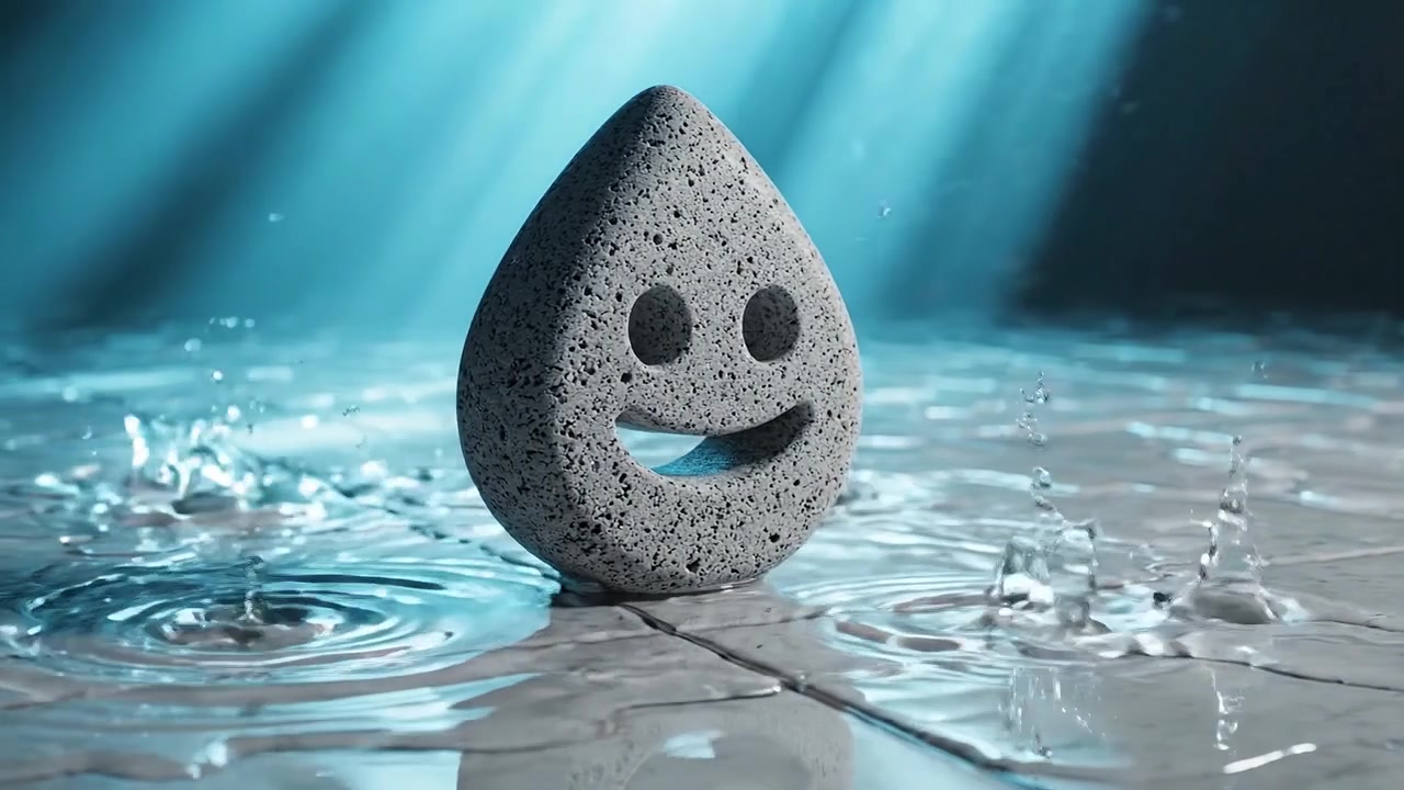 A cheerful stone droplet with a smiling face resting on a shiny surface, surrounded by gleaming water droplets and illuminated by soft rays of light.