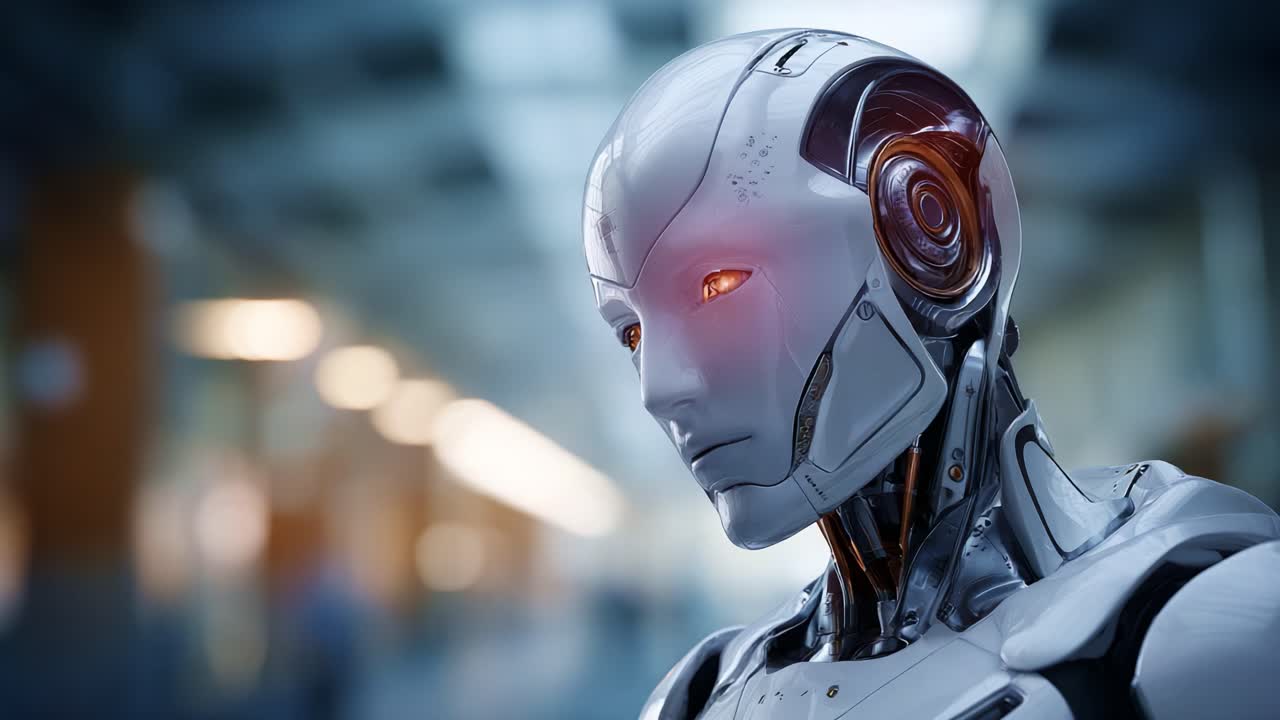Un robot umanoide futuristico con occhi luminosi, che mette in mostra tecnologia avanzata e un design elegante, riflettendo l'intersezione tra robotica e intelligenza artificiale