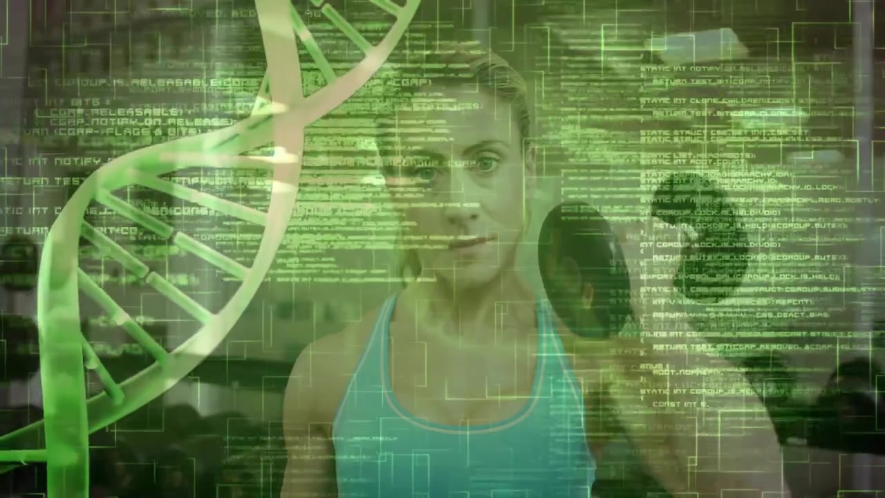 Woman gripping dumbbell and curling weight in gym green DNA helix code overlay showcasing fitness