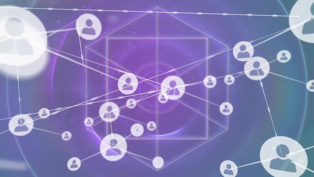 Animation of network of profile icons over abstract geometric shapes and colorful spots of light