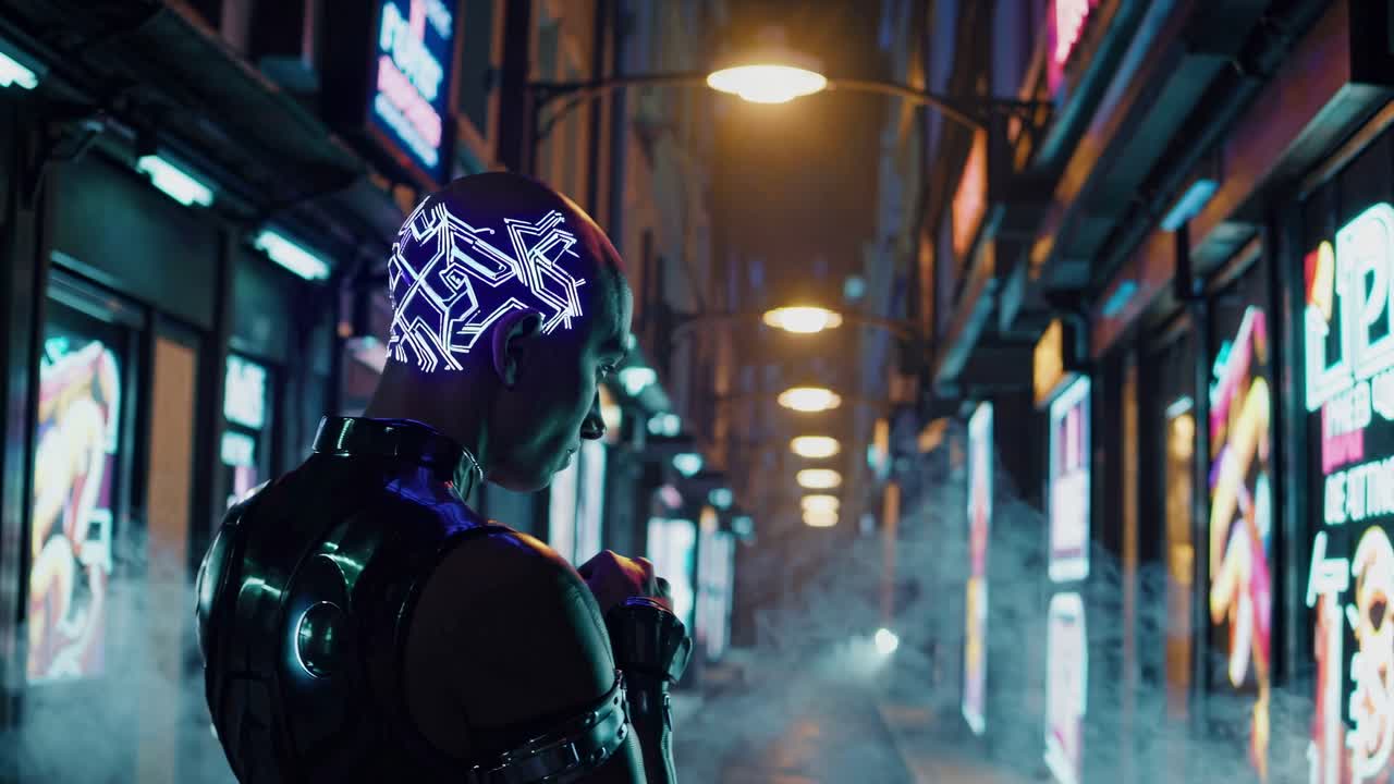 Personaggio cyberpunk in un vicolo di città al neon