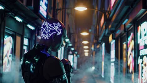 cyberpunk character in a neon city alley