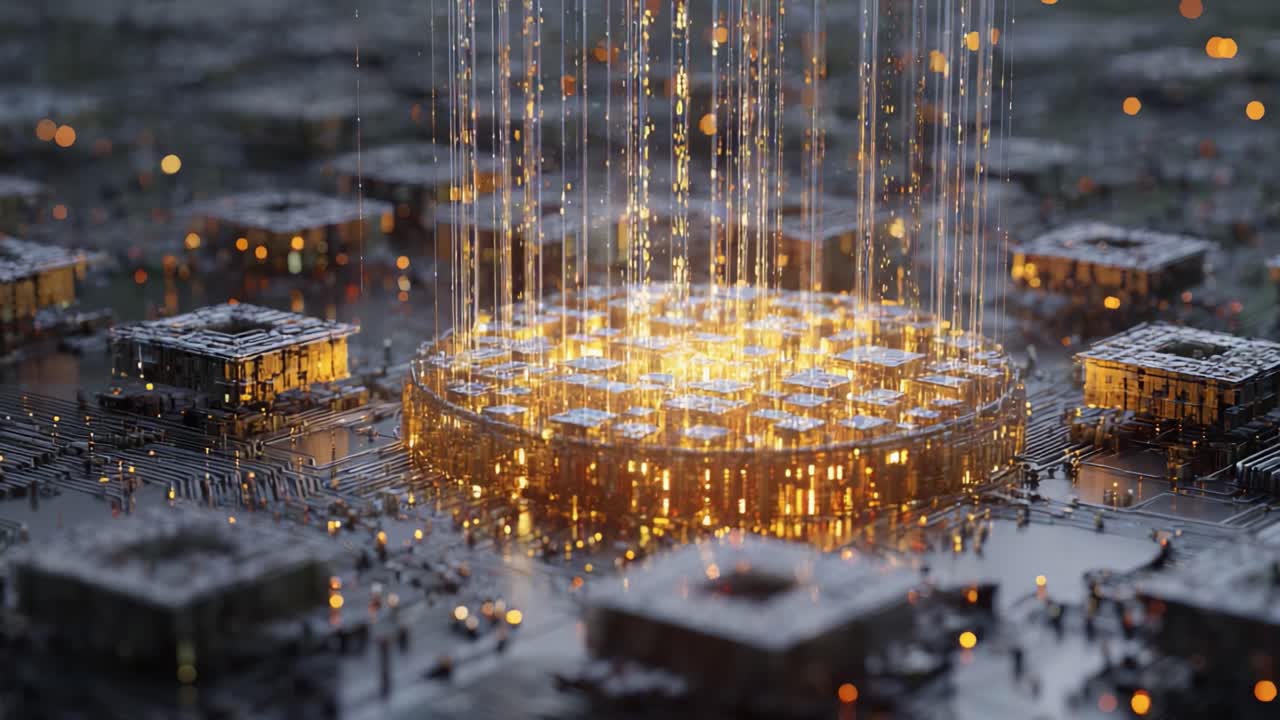 Abstract animation of a futuristic quantum computer processor transferring big data streams and information through glowing fiber optic cables on a circuit board, representing advanced technology