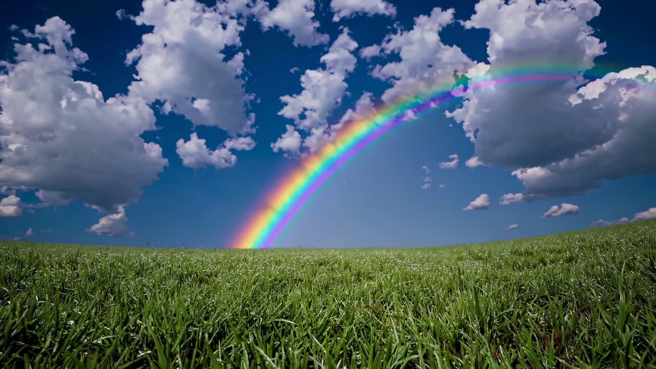 Wide-angle video shot of a vibrant rainbow arching over a lush green field under a sky filled