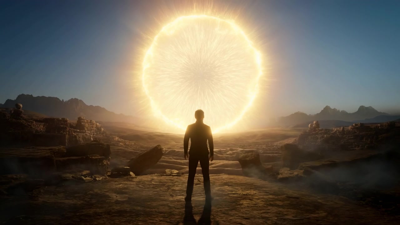 Single figure stands in fog covered mountain setting as bright sunlight illuminates sky and haze, creating contrast between dark silhouette, warm glow, distant peaks, and rugged landscape.