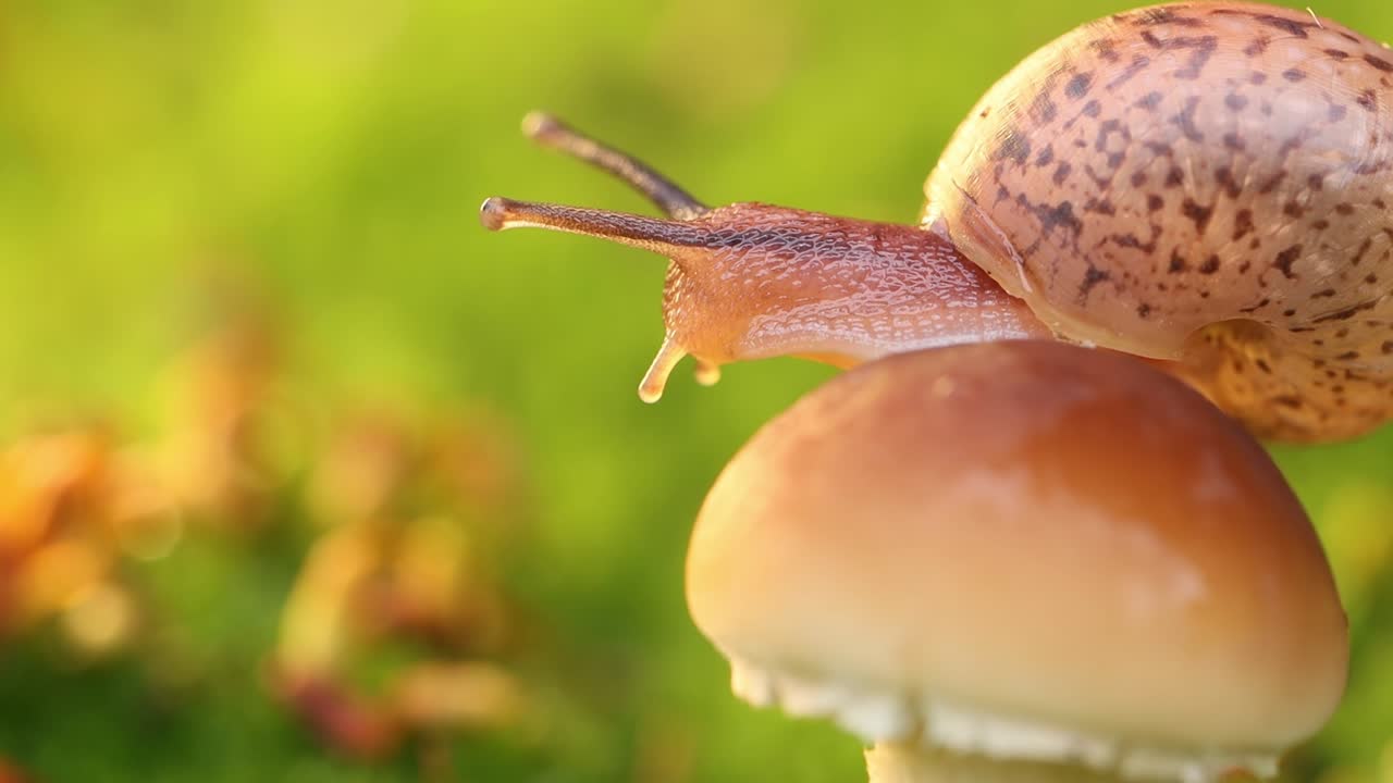 primer plano de un caracol que se arrastra lentamente en la luz del atardecer.